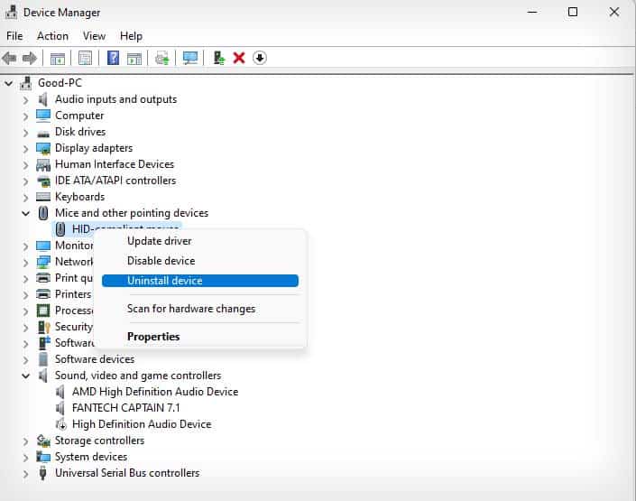 uninstall mouse driver