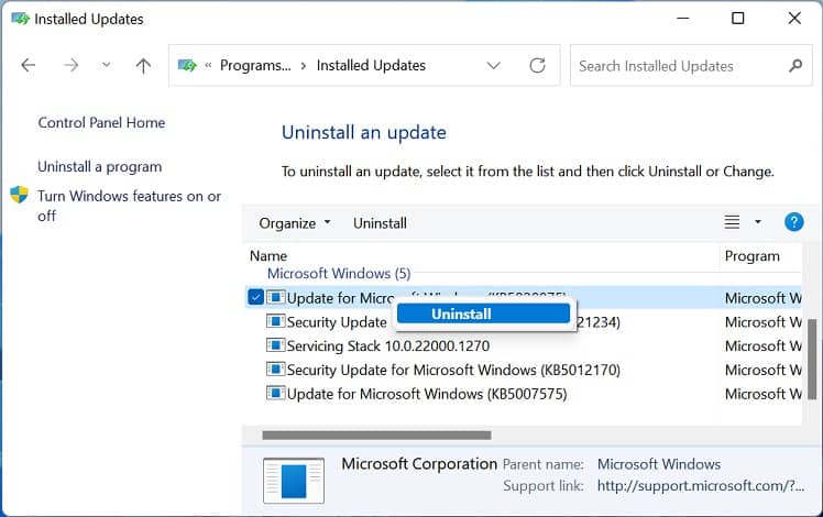 uninstall windows update