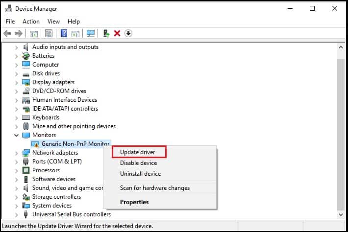 update corrupted monitor driver