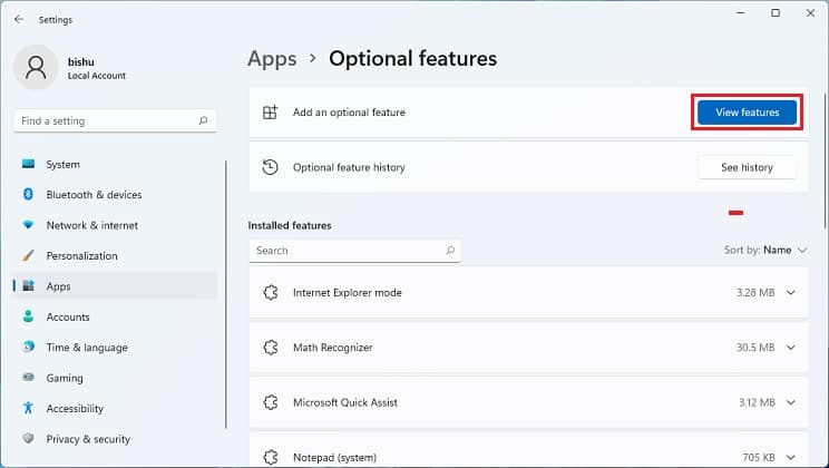 view features in add an optional feature