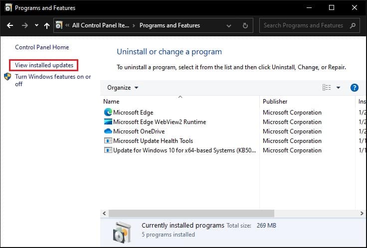view installed updates in safe mode