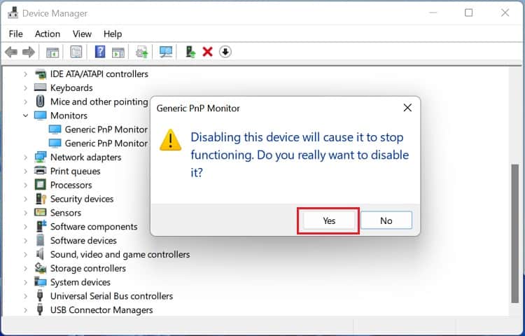 yes to delete monitor driver