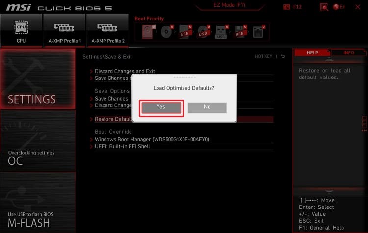 yes to reset bios