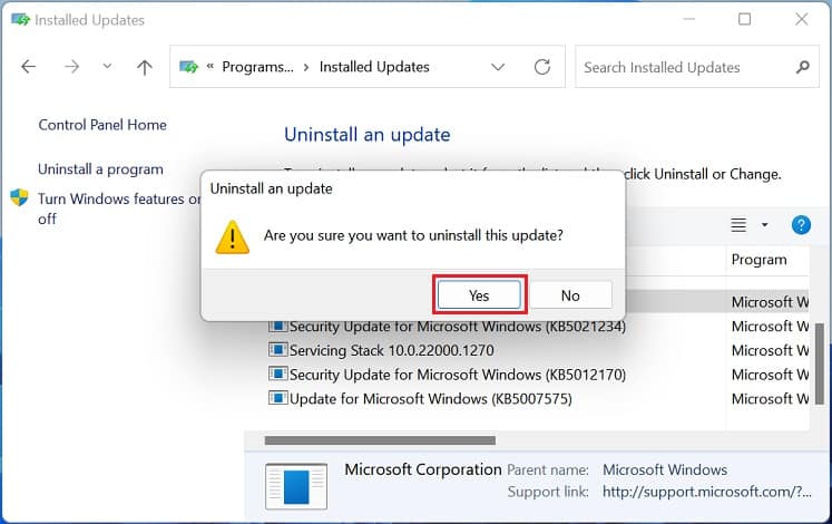 yes to uninstall windows update