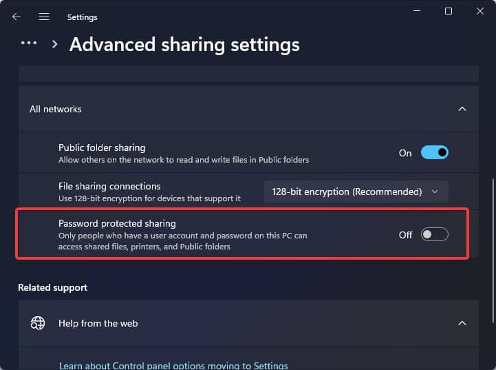 Password protected sharing off