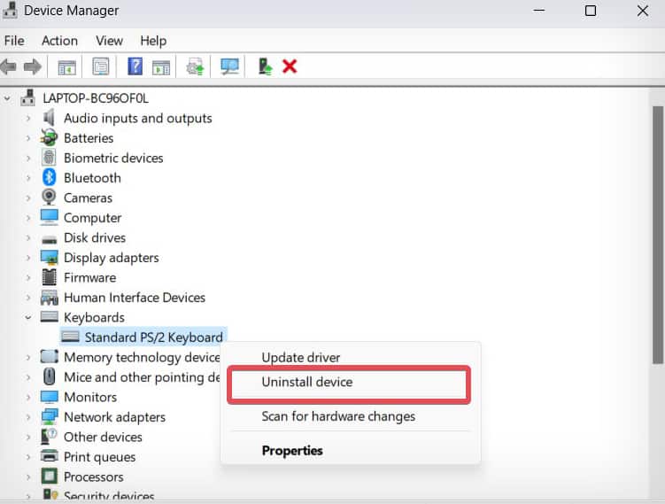 Uninstall keyboard driver from device manager