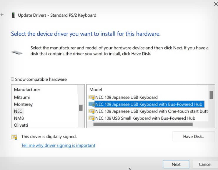 Update to incompatible keyboard driver