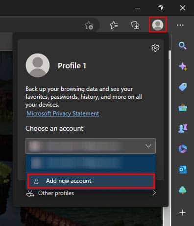 add new acount in edge