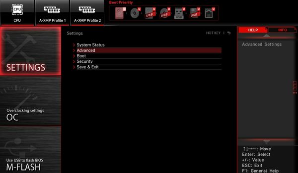 opción avanzada en la configuración de bios msi