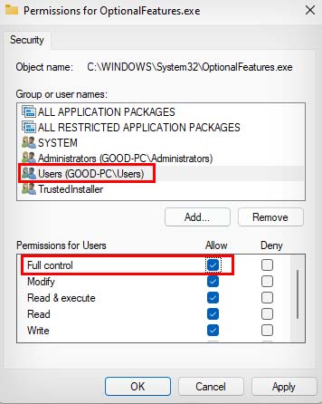 allow full control for users in optionalfeatures file