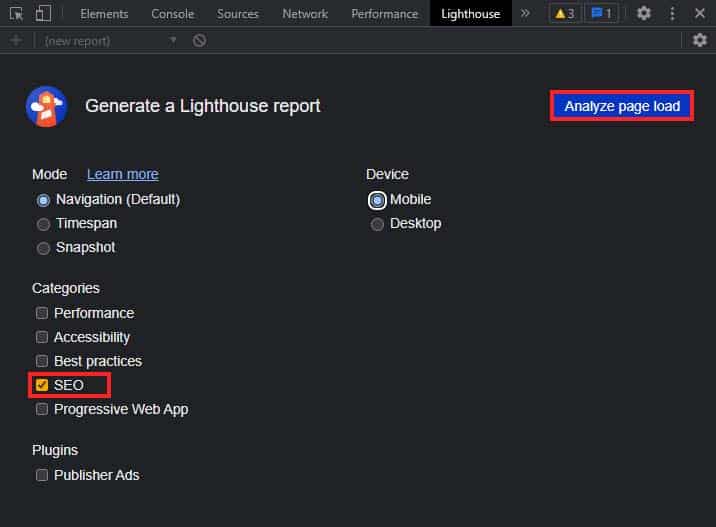 analyze seo report chrome dev tools lighthouse
