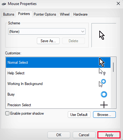 apply changes in mouse properties