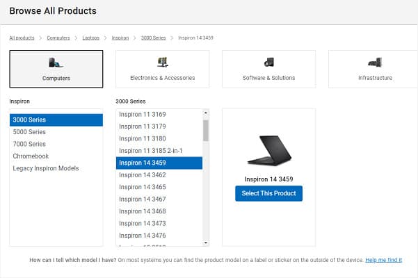 browse for your product in dell website