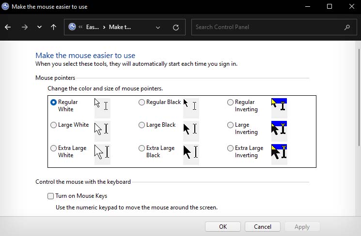change mouse cursor size from control panel