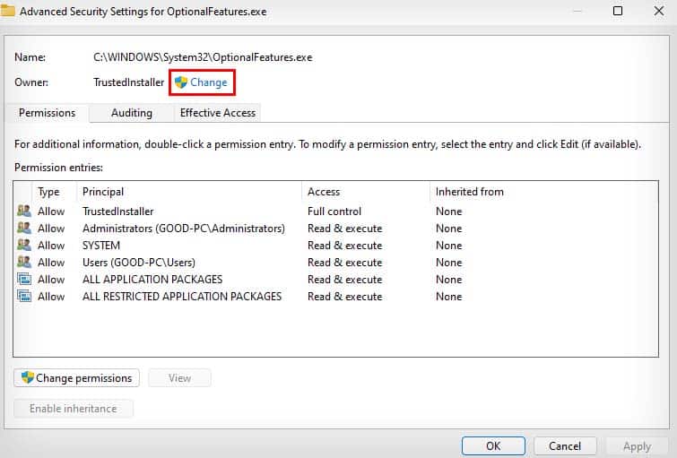 change optionfeatures owner control