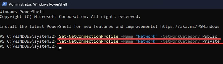 change the network profile form PowerShell