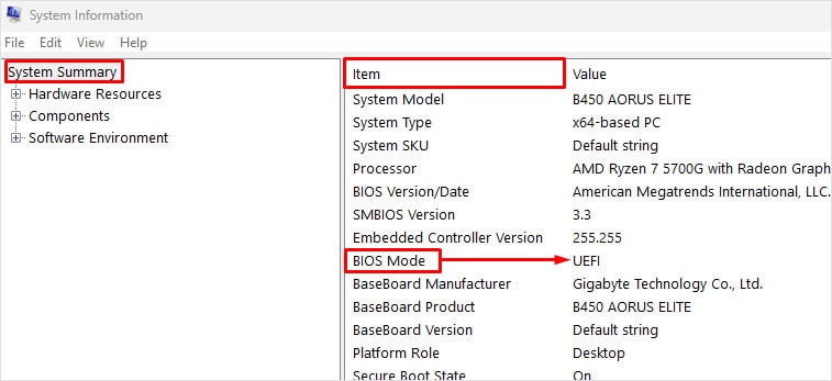 check bios mode uefi bios setting