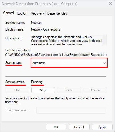 check startup type and service status wifi not working