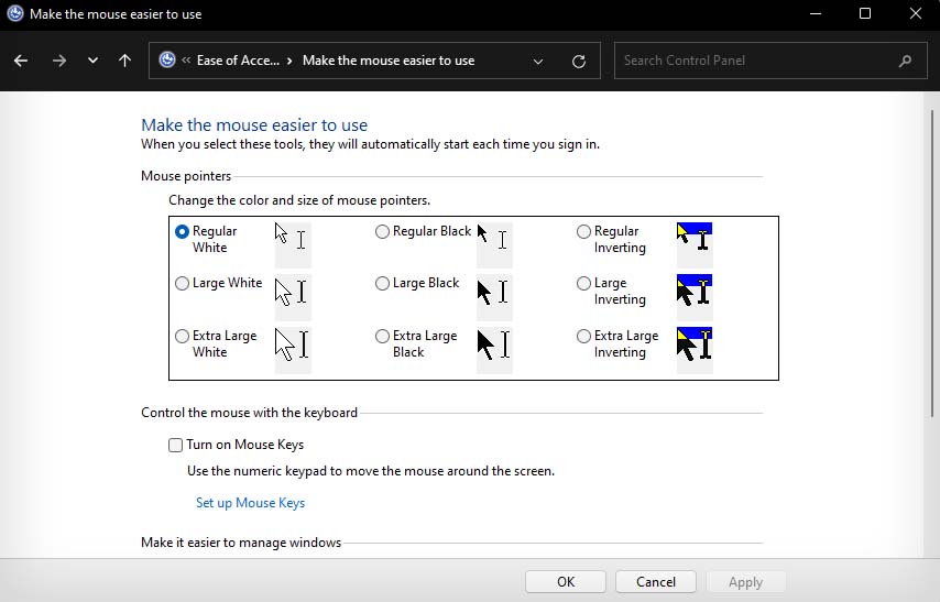 chnage your mouse cursor control panel