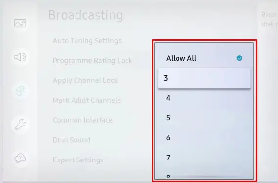 How to Setup and Unlock Parental Control on Samsung TV 13 choose-rating-of-channels