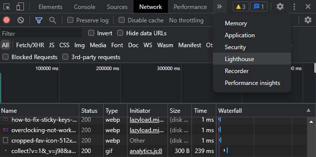 chrome dev tools tab lighthouse