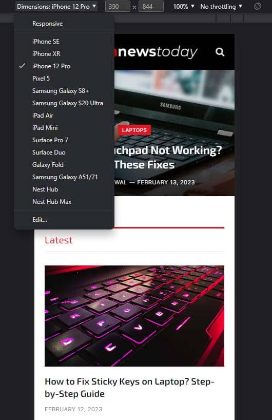 chrome developer tool mobile view choosing device
