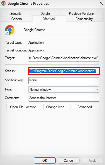 chrome exe properties start in