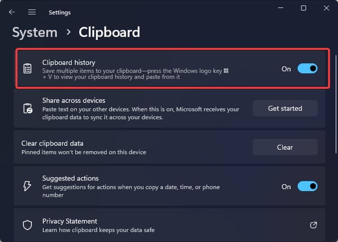 clipboard history settings
