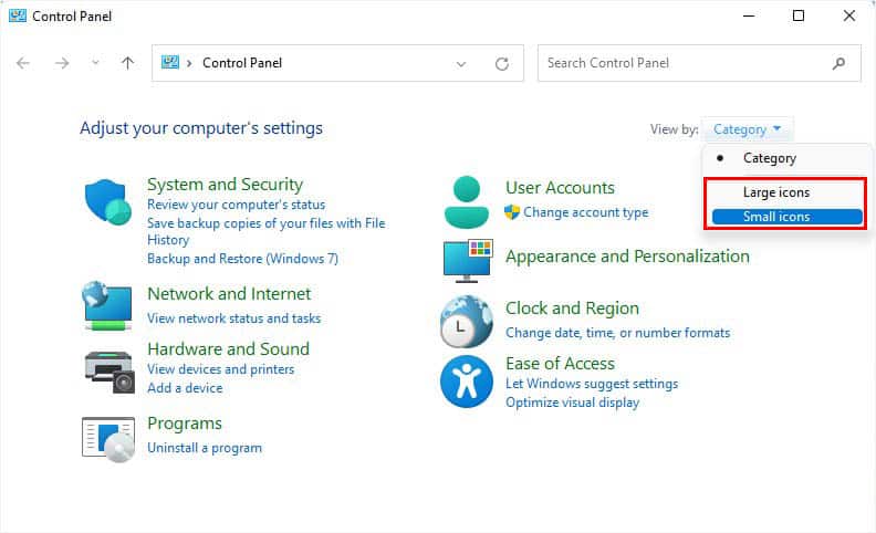 control panel choose large or small icons