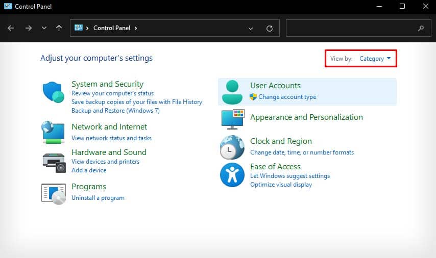 control panel view by category