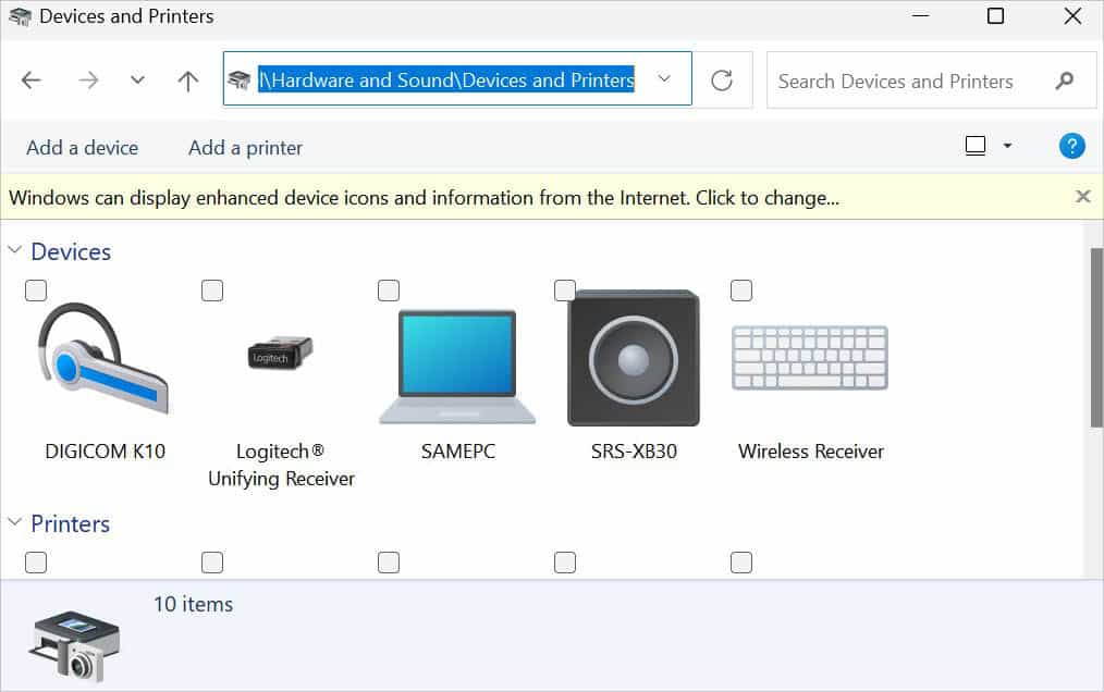 devices and printers window