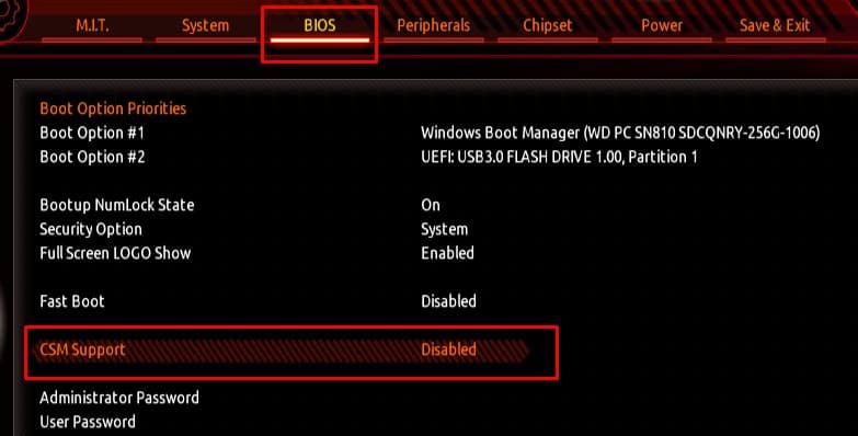 disable csm support best bios settings