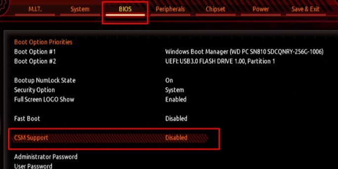 disable csm support uefi firmware settings