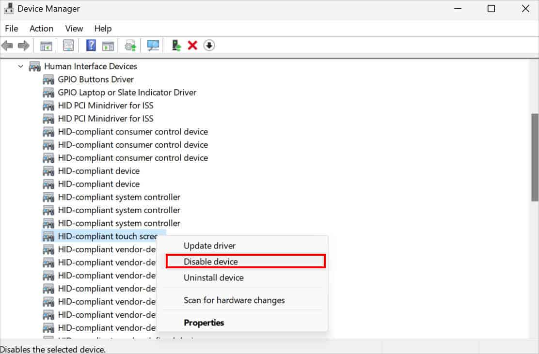 disable hid compliant touch screen
