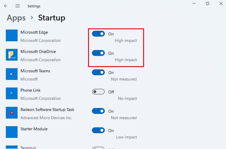 disable high impact startup app