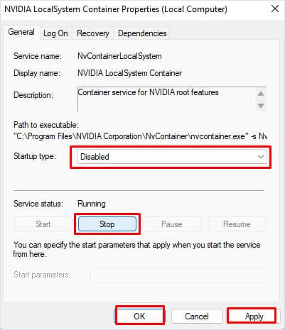 disable startup type and status geforce overlay disable