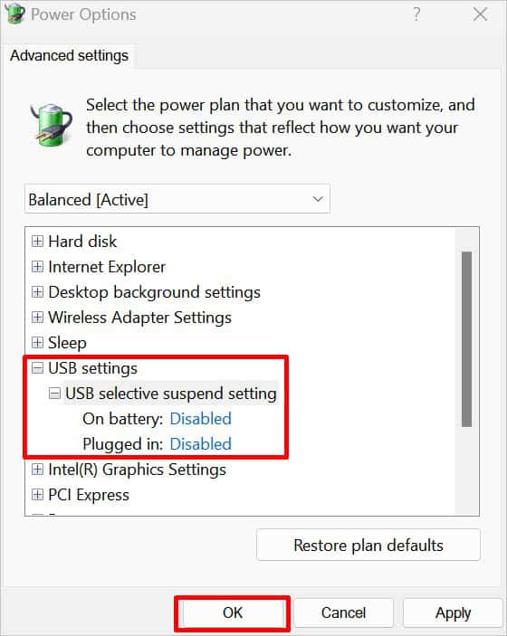 disable usb selective suspend for on battery and plugged in
