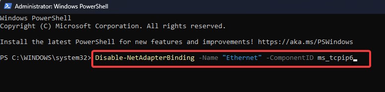 disable ipv6 using PowerShell