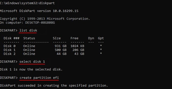 diskpart-list-disk-create-partition-efi