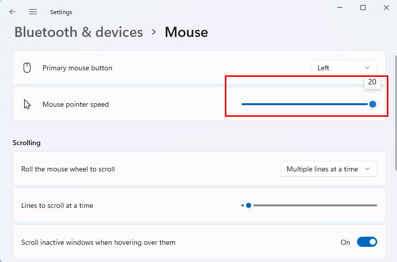 drag slider to change mouse pointer speed