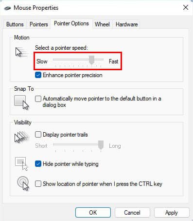 drag slider to change pointer speed in mouse properties
