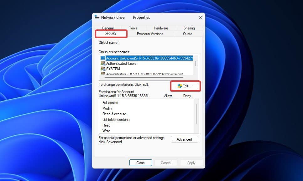 edit security permissions