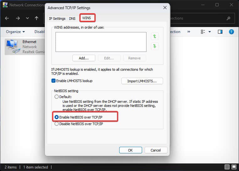 enable NetBIOS over TCP IP