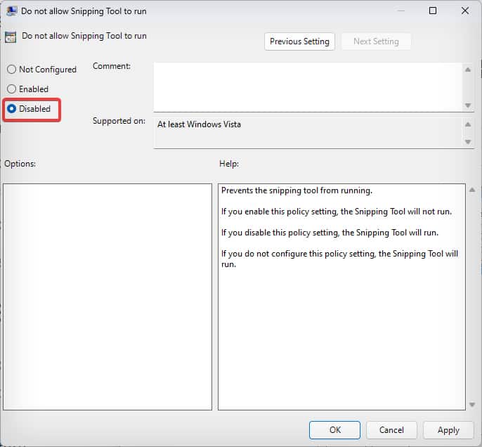enable snipping tool to launch