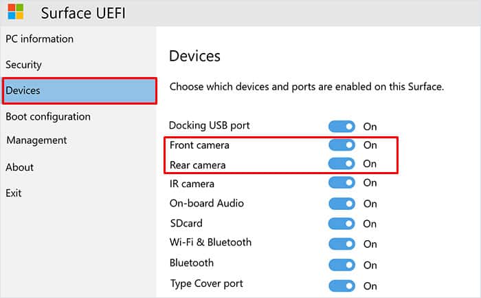 enable surface camera from uefi