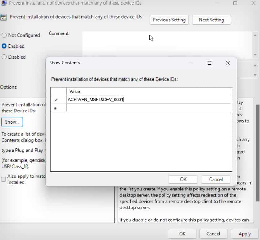 enter the value of the hardware id