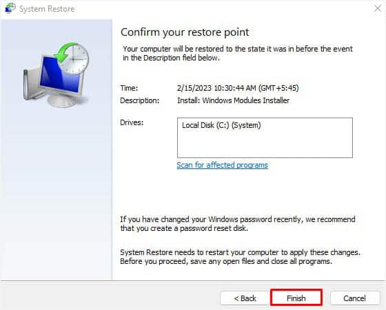 finish to perform system restore