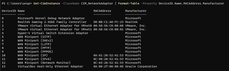 How to Find MAC Address on PC 13 get ciminstance classname cim networkadapter