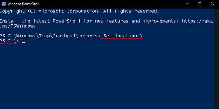 go to the root folder in powershell