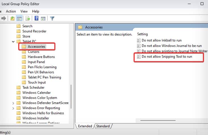 group policy editor for snipping tool